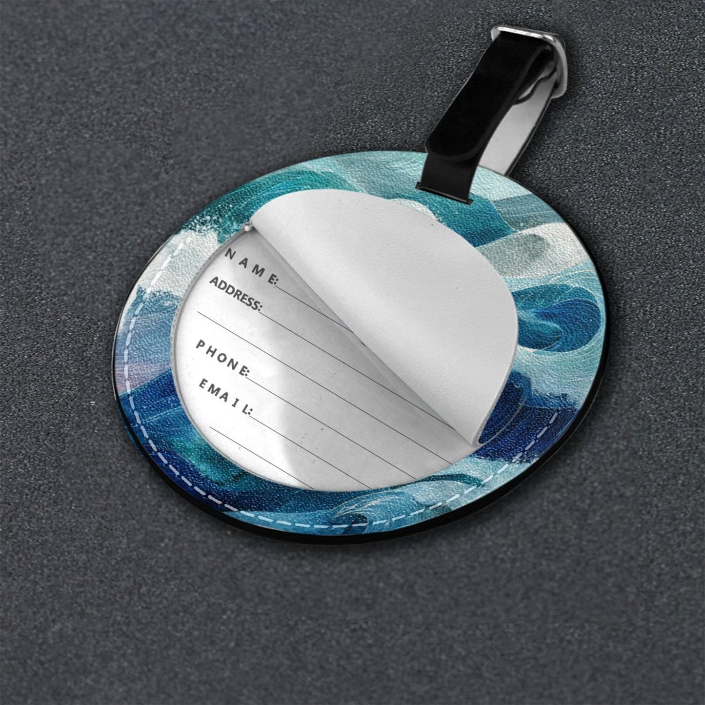 Round Leather Luggage Tag with Ocean Wave Design – 3.7in/9.8cm Travel Bag Identifier