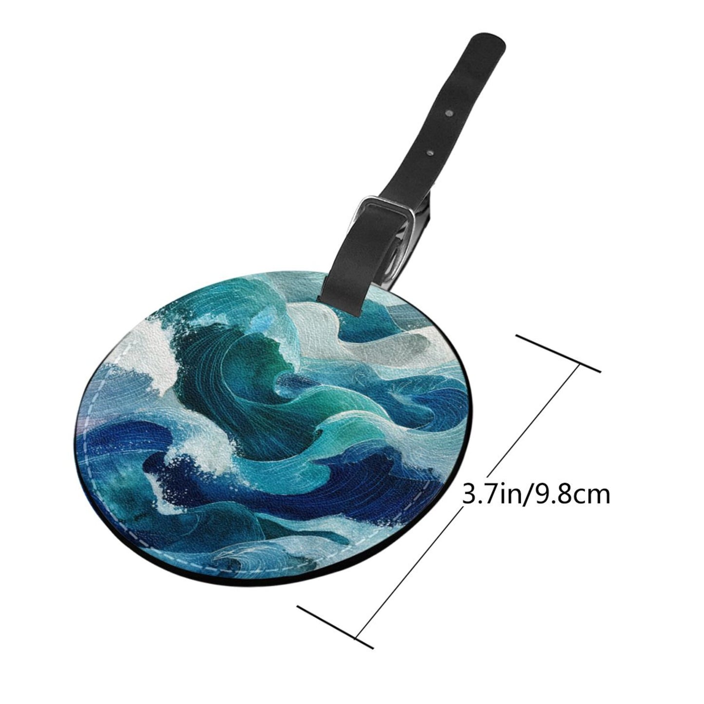 Round Leather Luggage Tag with Ocean Wave Design – 3.7in/9.8cm Travel Bag Identifier