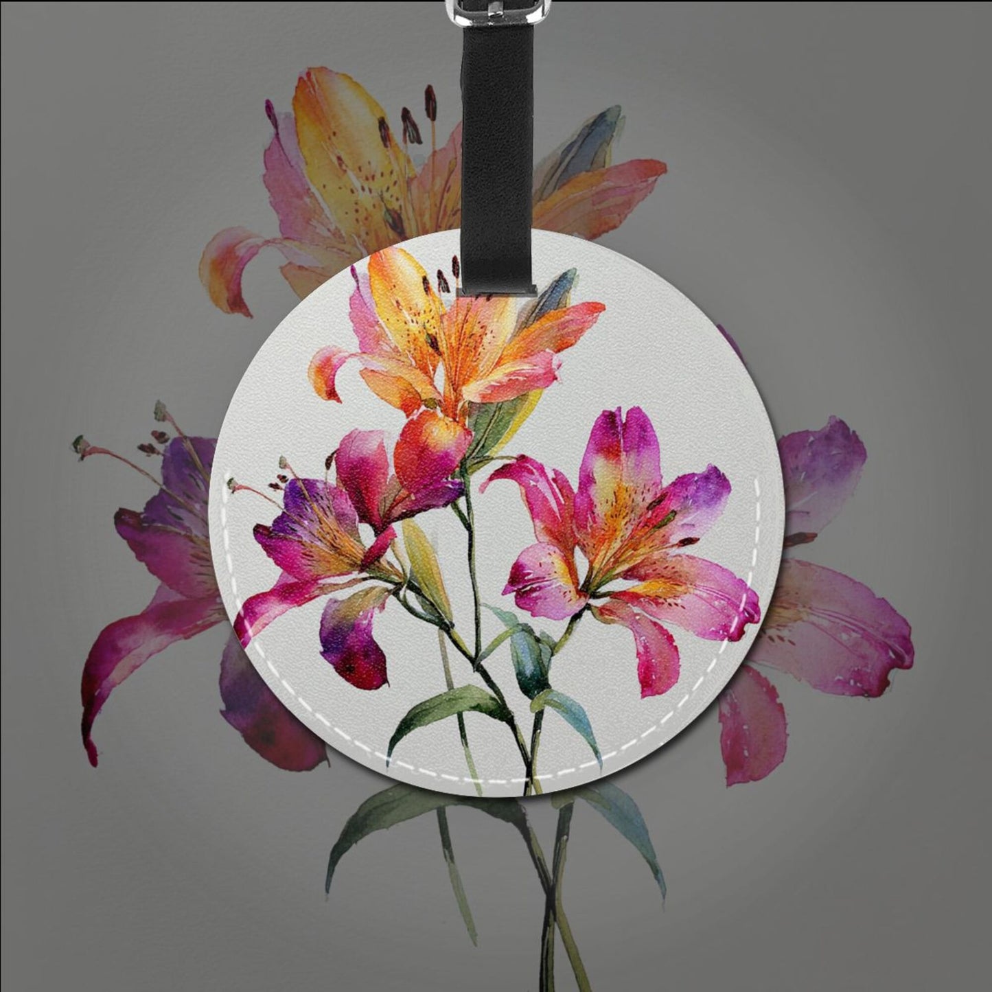 Round Leather Luggage Tag with Floral Design – 3.7in/9.8cm