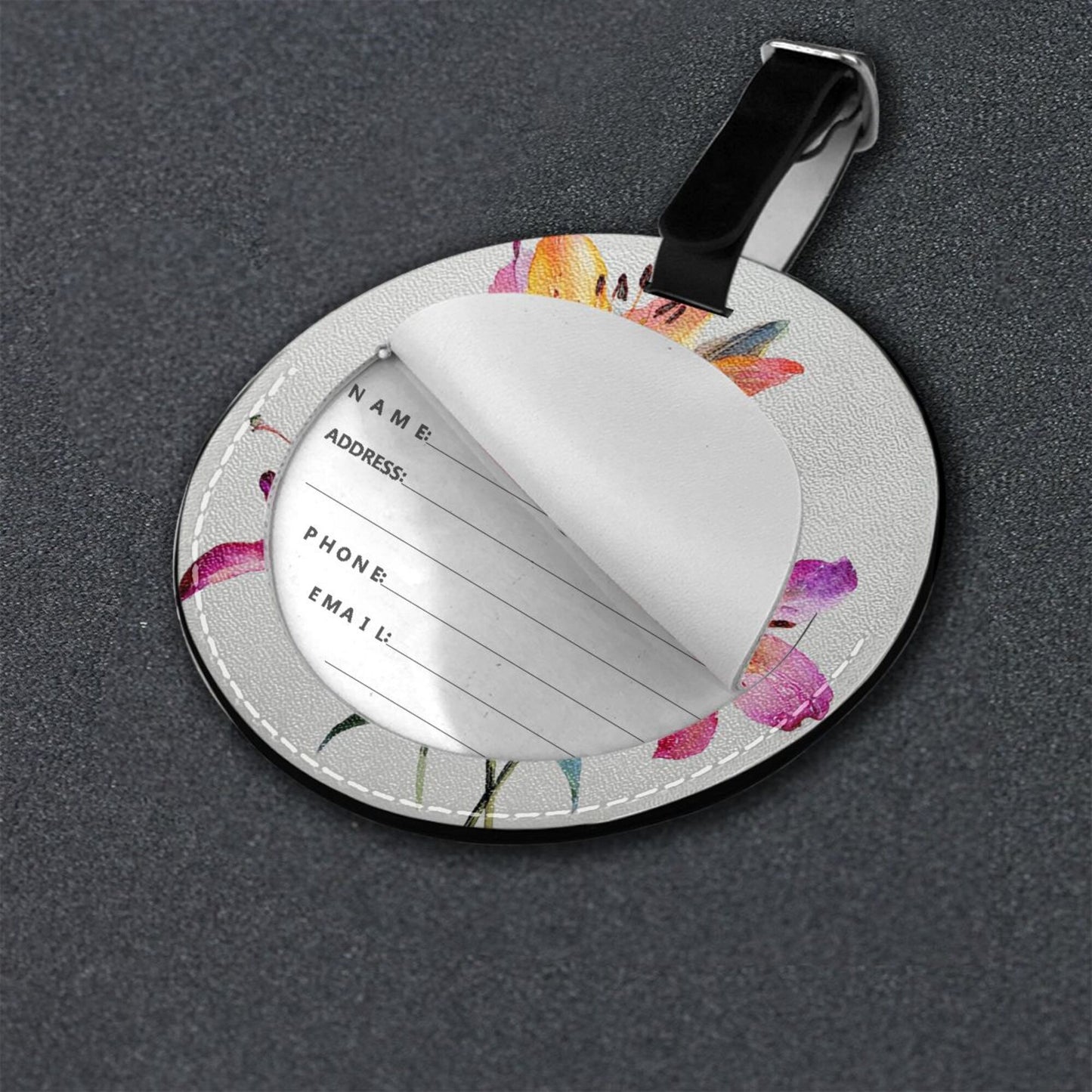 Round Leather Luggage Tag with Floral Design – 3.7in/9.8cm