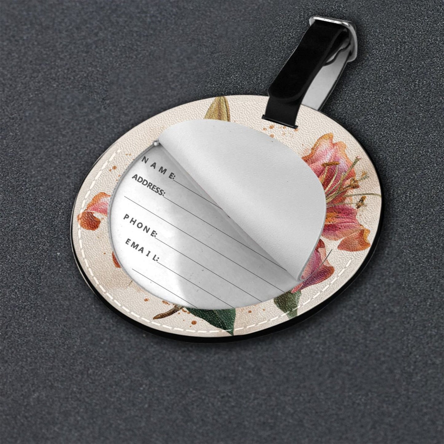 Round Leather Luggage Tag with Lily Floral Design – 3.7in/9.8cm Travel Bag Identifier