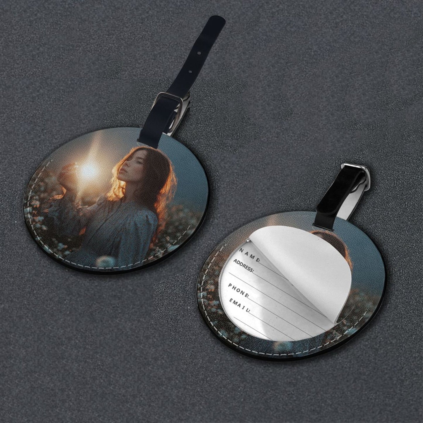 Round Leather Luggage Tag with Artistic Portrait Design – 3.7in/9.8cm Travel Identifier