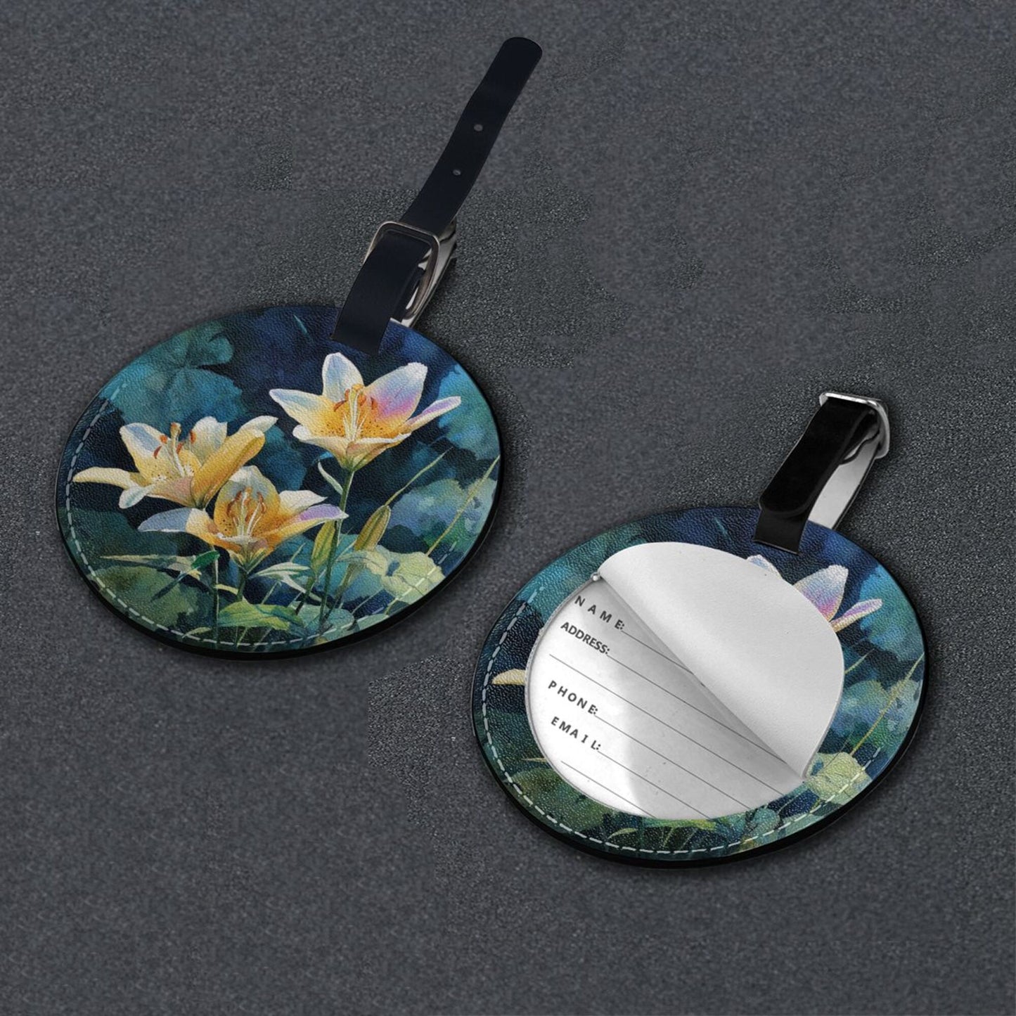 Round Leather Luggage Tag with Lily Flower Art Design – 3.7in/9.8cm Travel Identifier