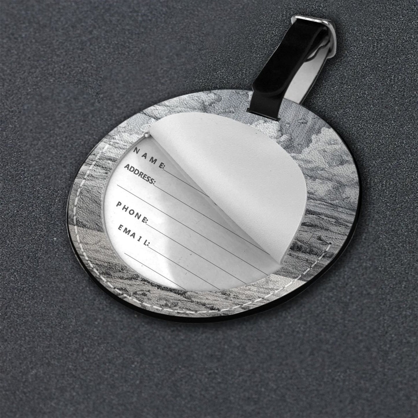 Round Leather Luggage Tag with Black & White Landscape Art Design – 3.7in/9.8cm Travel Identifier