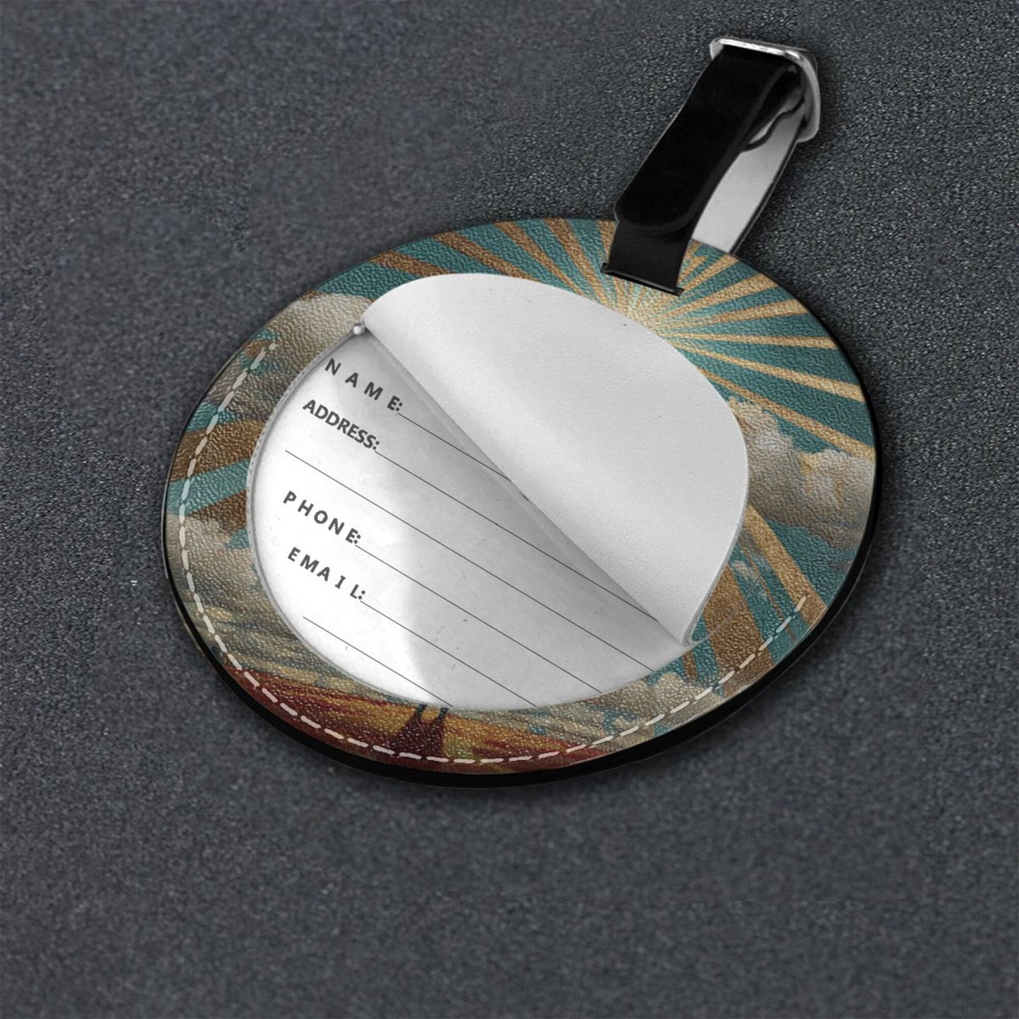 Round Leather Luggage Tag with Artistic Light & Figure Design – 3.7in/9.8cm Travel Identifier
