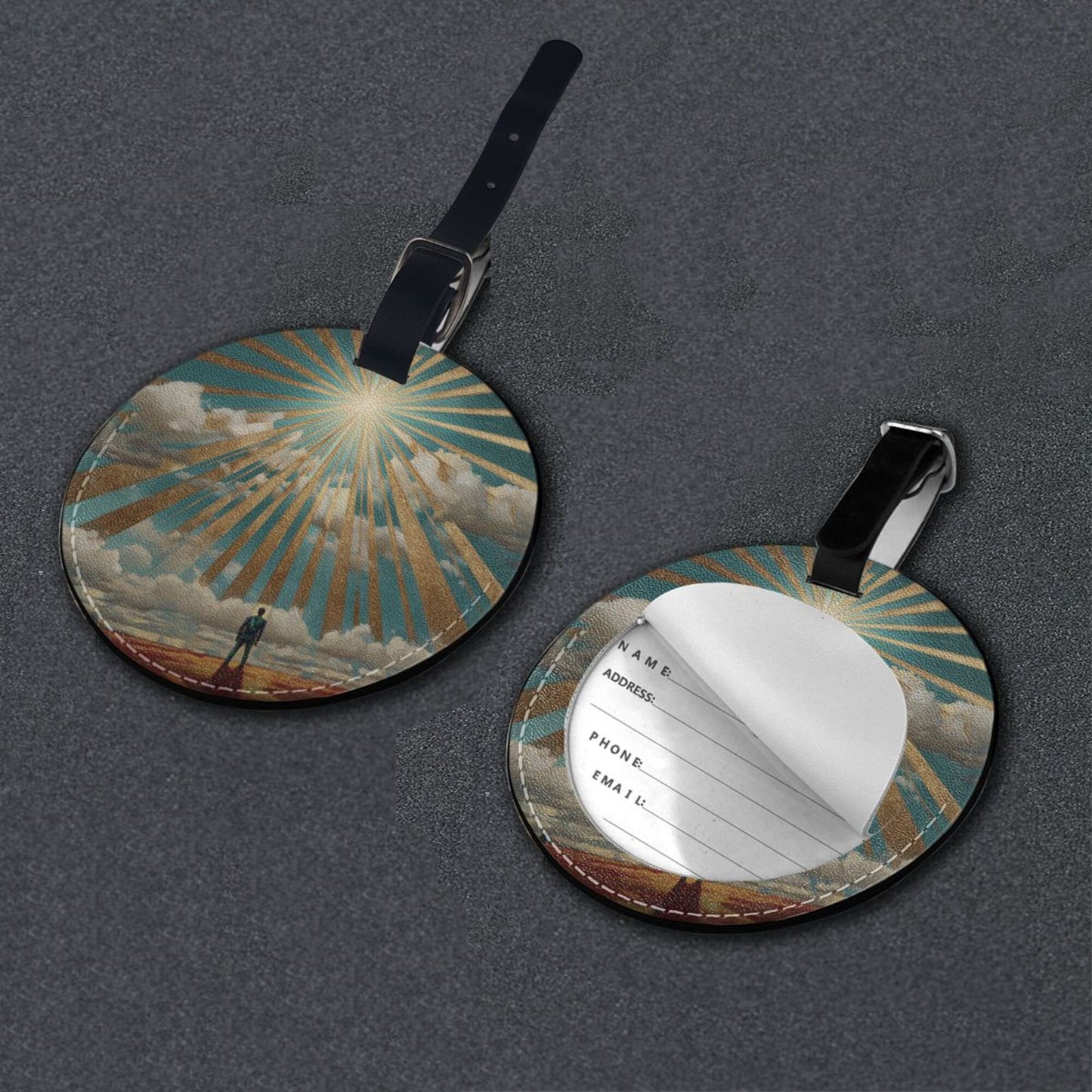 Round Leather Luggage Tag with Artistic Light & Figure Design – 3.7in/9.8cm Travel Identifier