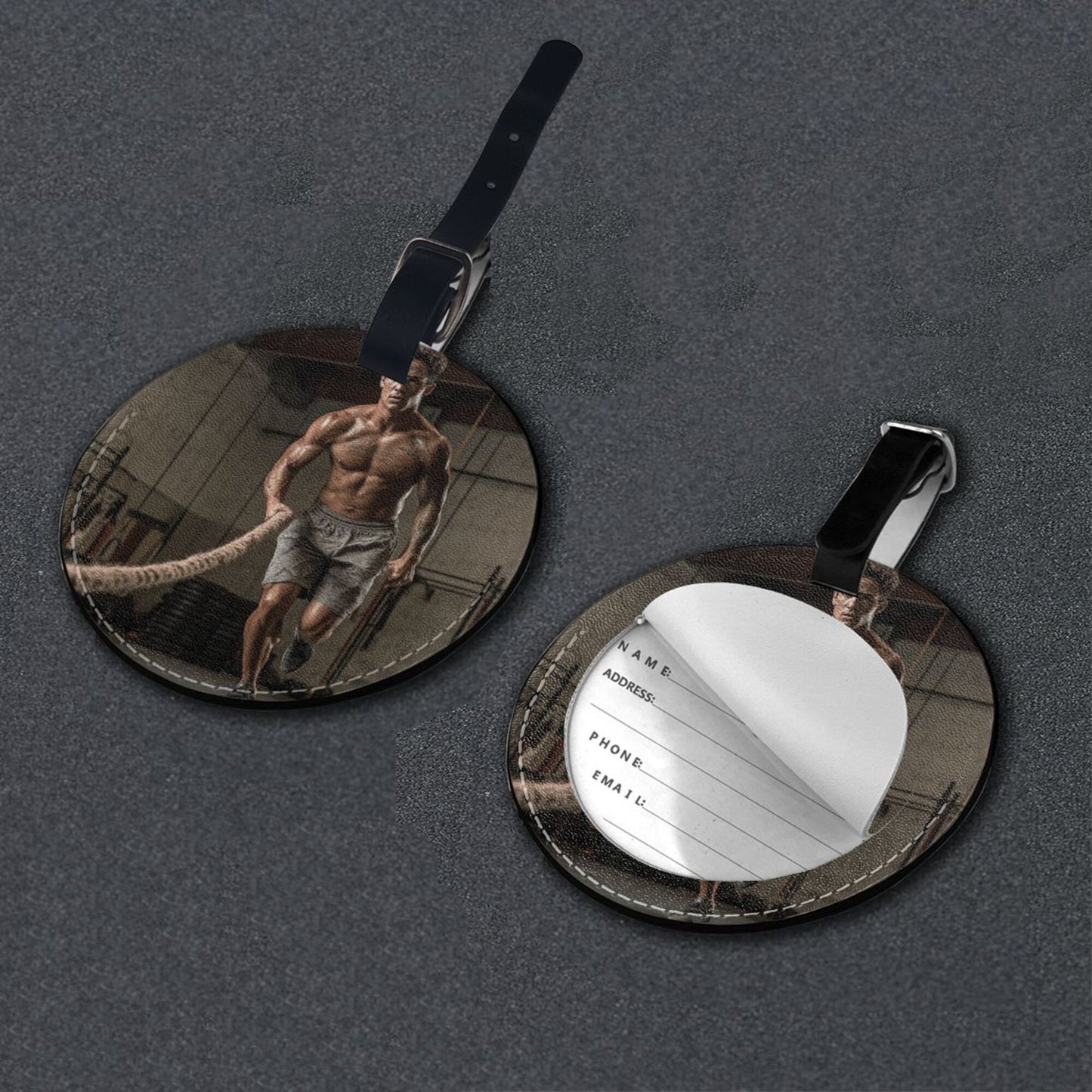 Round Leather Luggage Tag with Fitness Athlete Design – 3.7in/9.8cm Travel Identifier