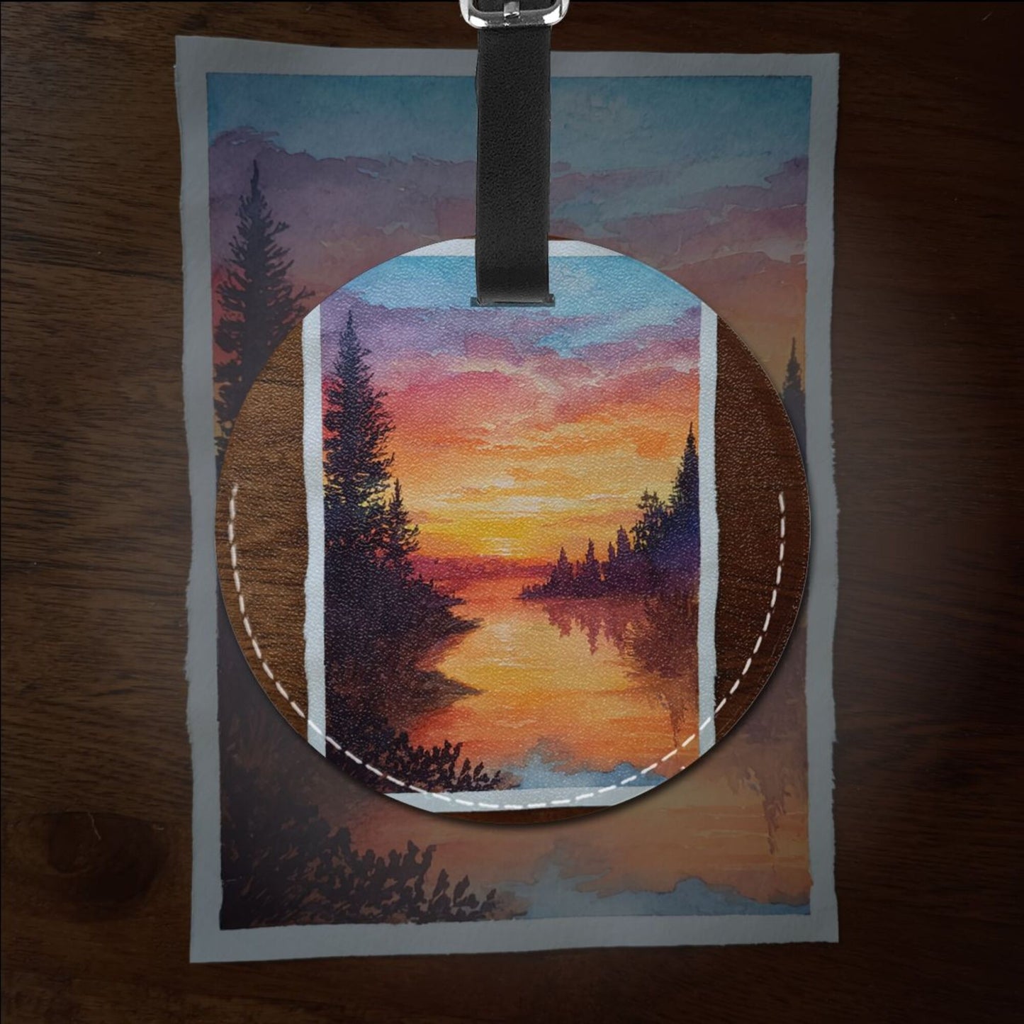 Round Leather Luggage Tag with Sunset Forest Lake Painting Design – 3.7in/9.8cm Travel Identifier
