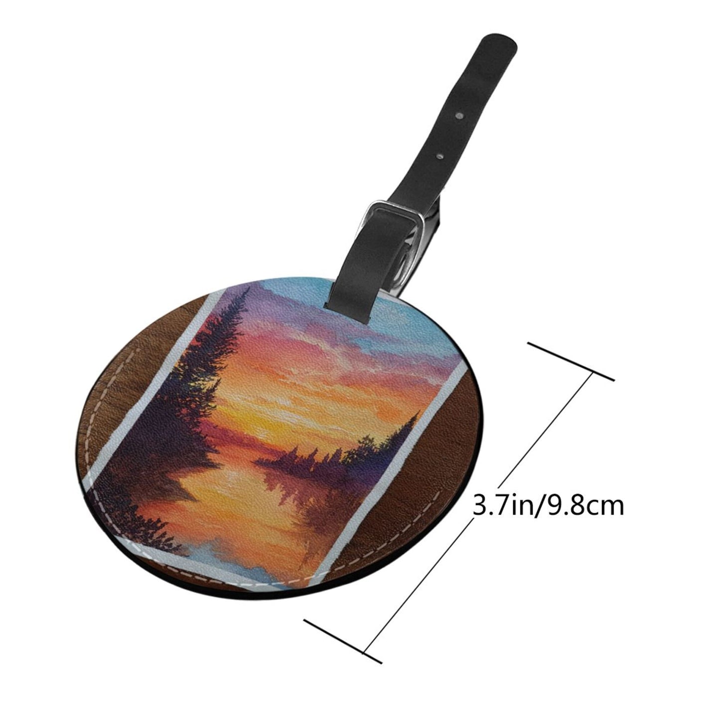 Round Leather Luggage Tag with Sunset Forest Lake Painting Design – 3.7in/9.8cm Travel Identifier