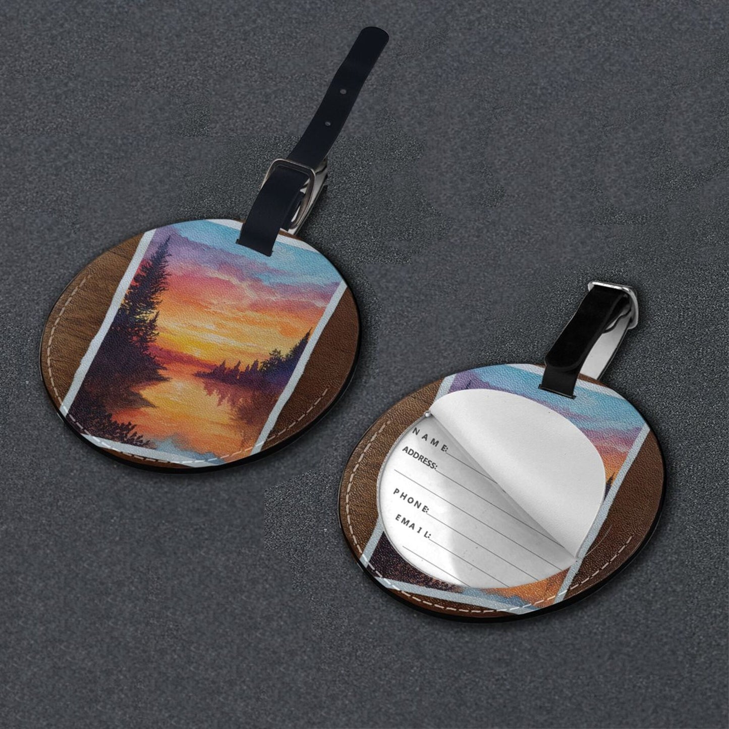 Round Leather Luggage Tag with Sunset Forest Lake Painting Design – 3.7in/9.8cm Travel Identifier