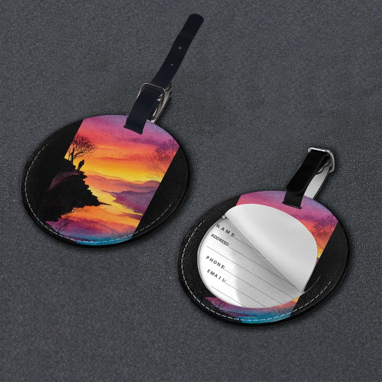 Round Leather Luggage Tag with Sunset Valley Landscape Art Design – 3.7in/9.8cm Travel Identifie