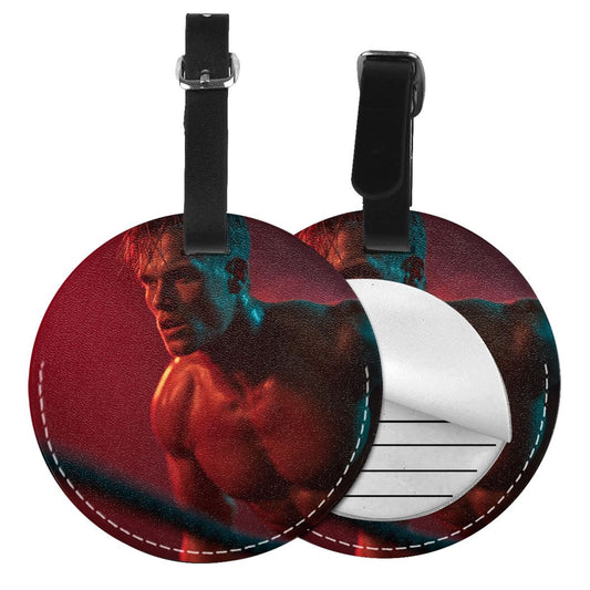 Round Leather Luggage Tag with Fitness Man Light & Shadow Art Design – 3.7in/9.8cm Travel Identifier