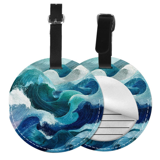 Round Leather Luggage Tag with Ocean Wave Design – 3.7in/9.8cm Travel Bag Identifier