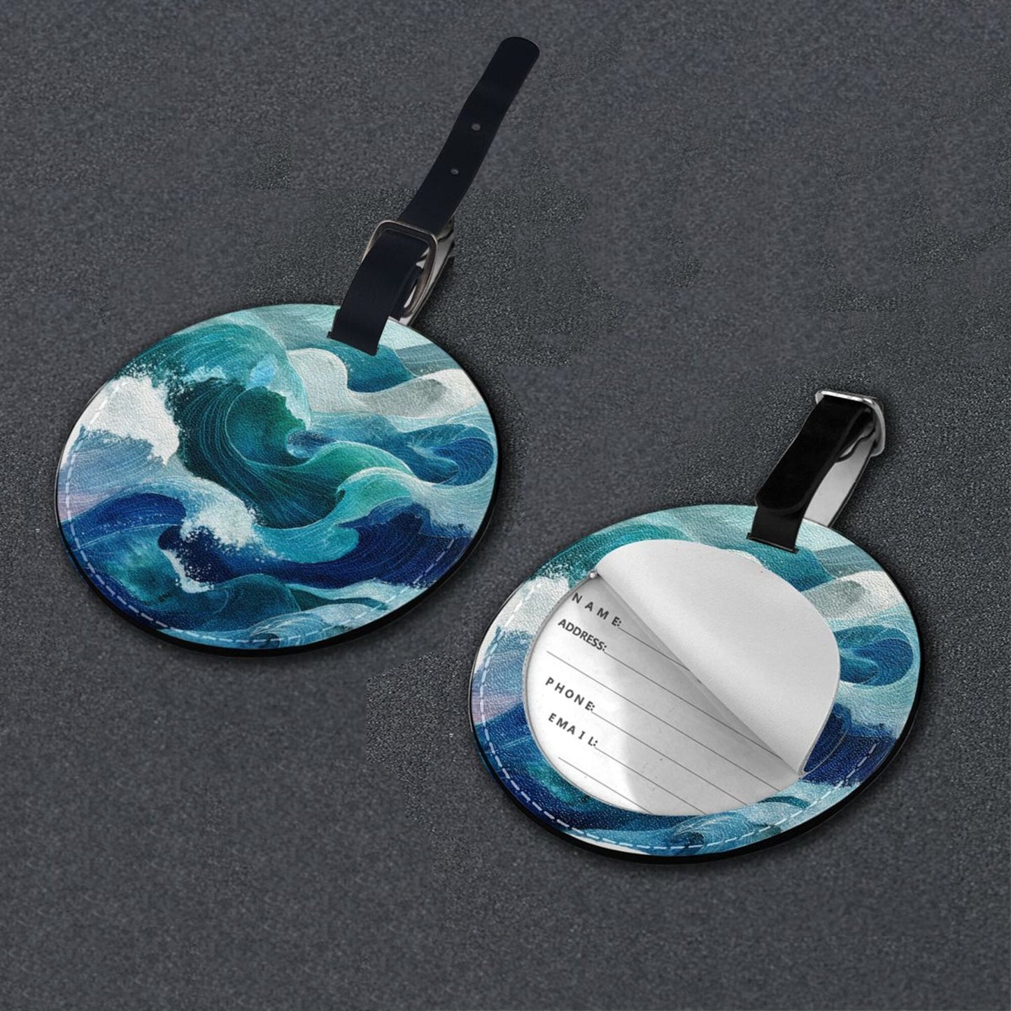 Round Leather Luggage Tag with Ocean Wave Design – 3.7in/9.8cm Travel Bag Identifier