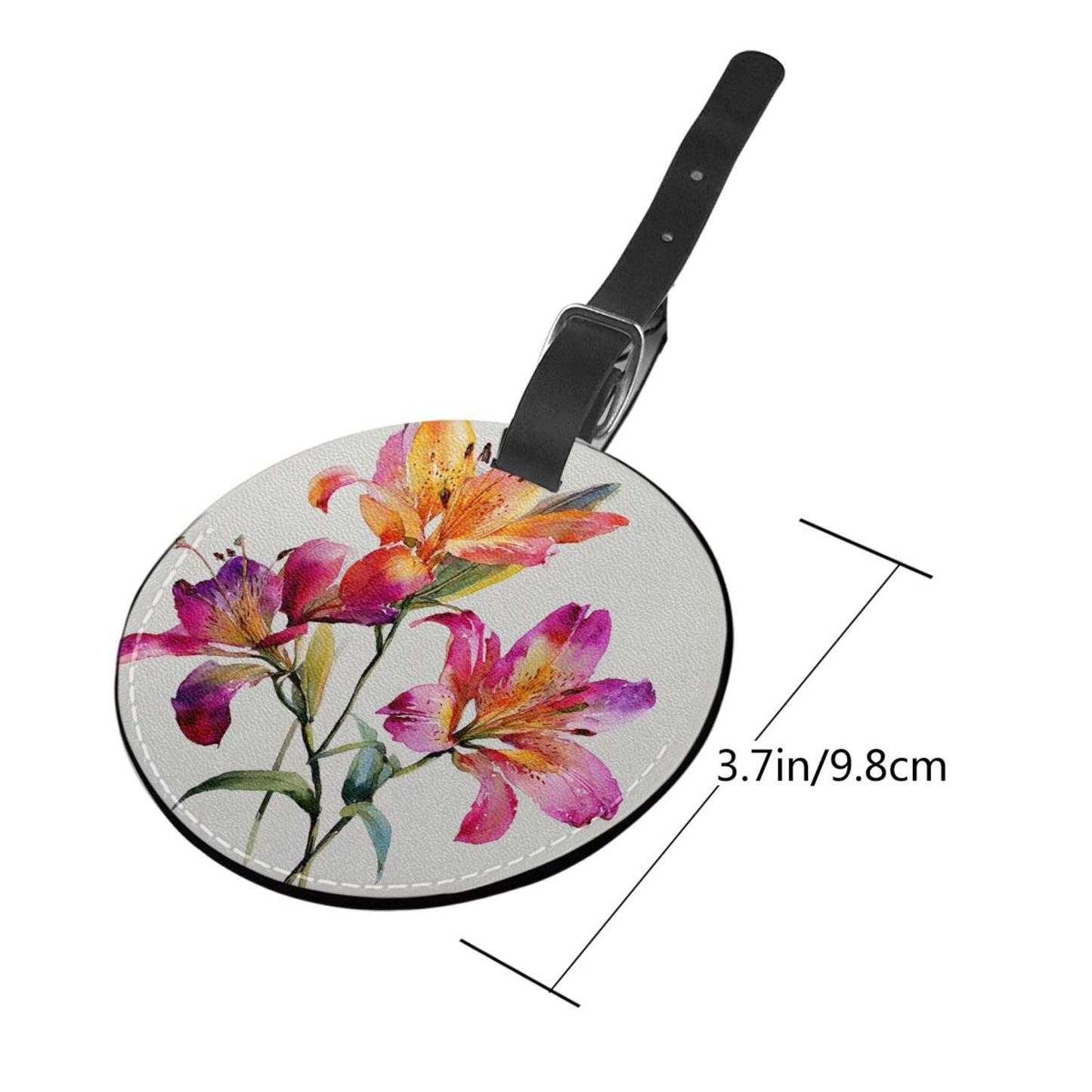 Round Leather Luggage Tag with Floral Design – 3.7in/9.8cm