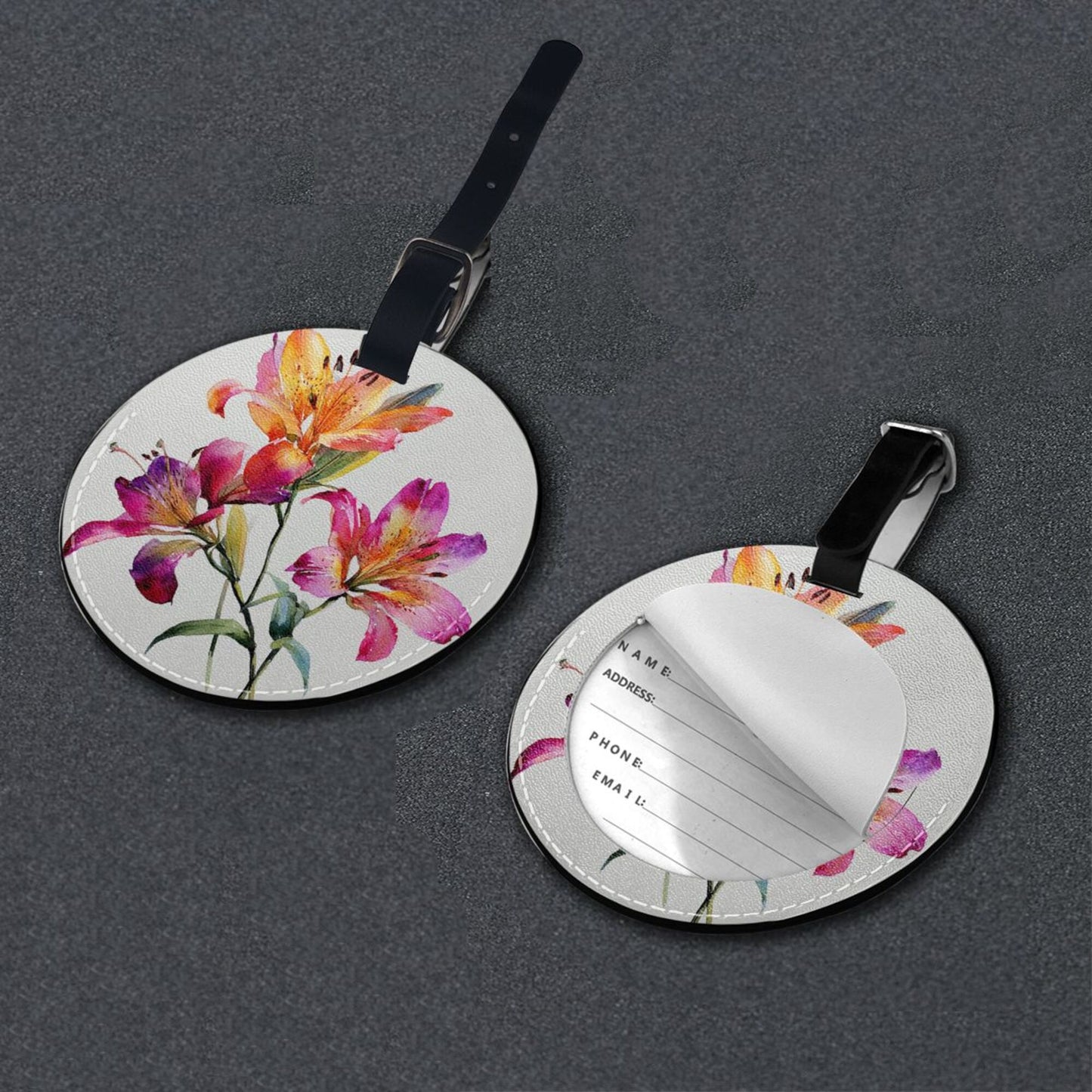 Round Leather Luggage Tag with Floral Design – 3.7in/9.8cm