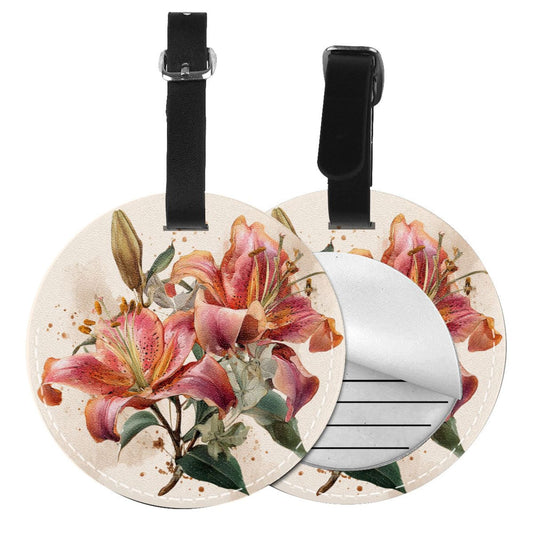 Round Leather Luggage Tag with Lily Floral Design – 3.7in/9.8cm Travel Bag Identifier