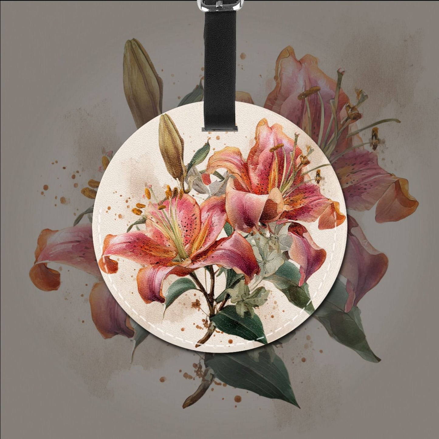Round Leather Luggage Tag with Lily Floral Design – 3.7in/9.8cm Travel Bag Identifier