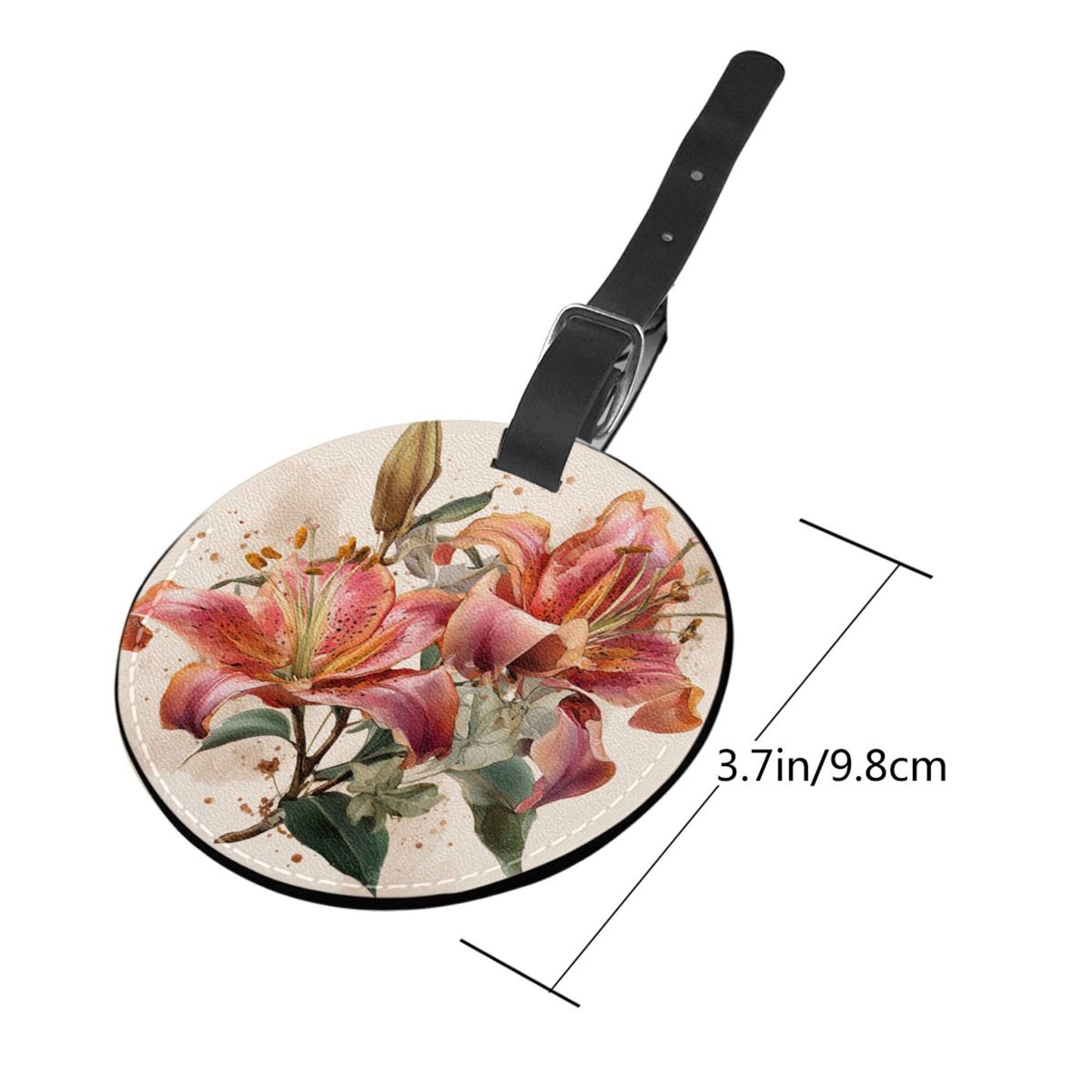 Round Leather Luggage Tag with Lily Floral Design – 3.7in/9.8cm Travel Bag Identifier