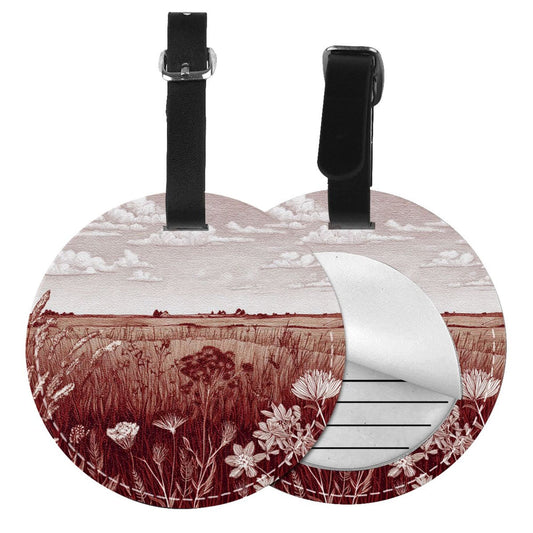 Round Leather Luggage Tag with Countryside Landscape Design – 3.7in/9.8cm Travel Identifier