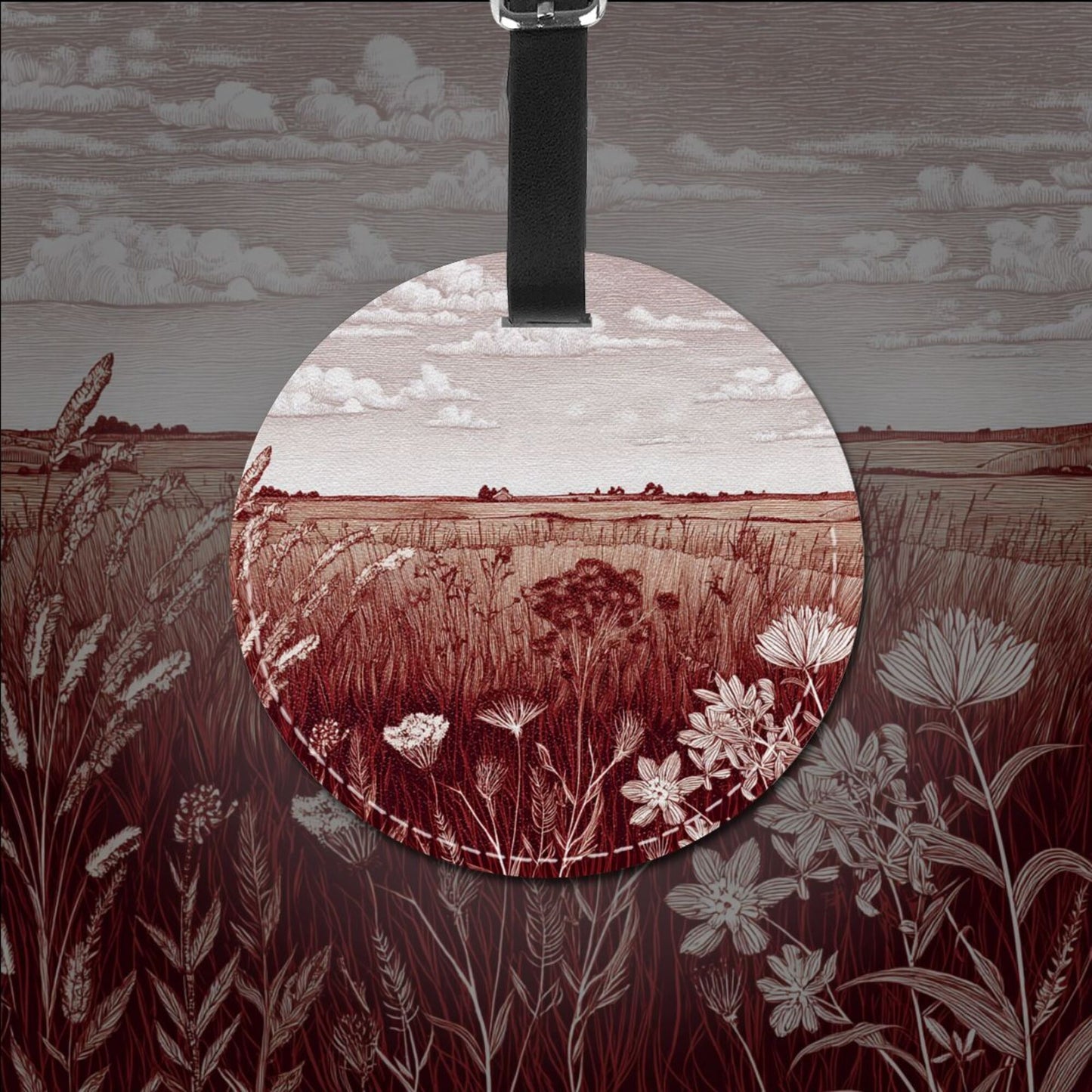 Round Leather Luggage Tag with Countryside Landscape Design – 3.7in/9.8cm Travel Identifier