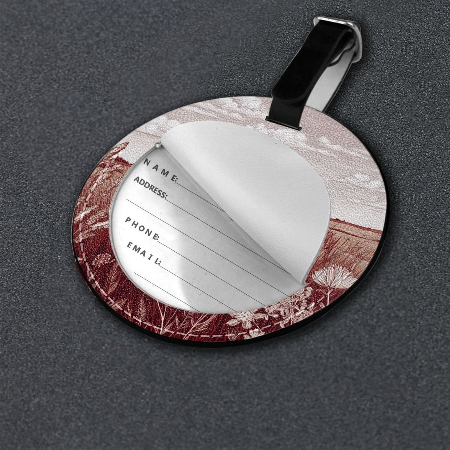 Round Leather Luggage Tag with Countryside Landscape Design – 3.7in/9.8cm Travel Identifier