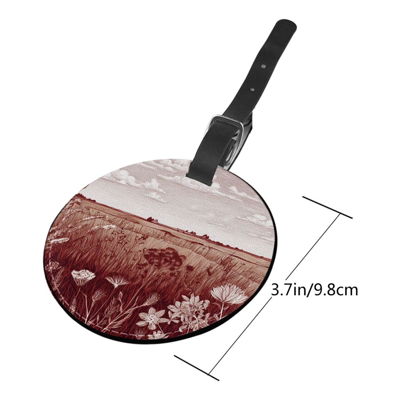 Round Leather Luggage Tag with Countryside Landscape Design – 3.7in/9.8cm Travel Identifier