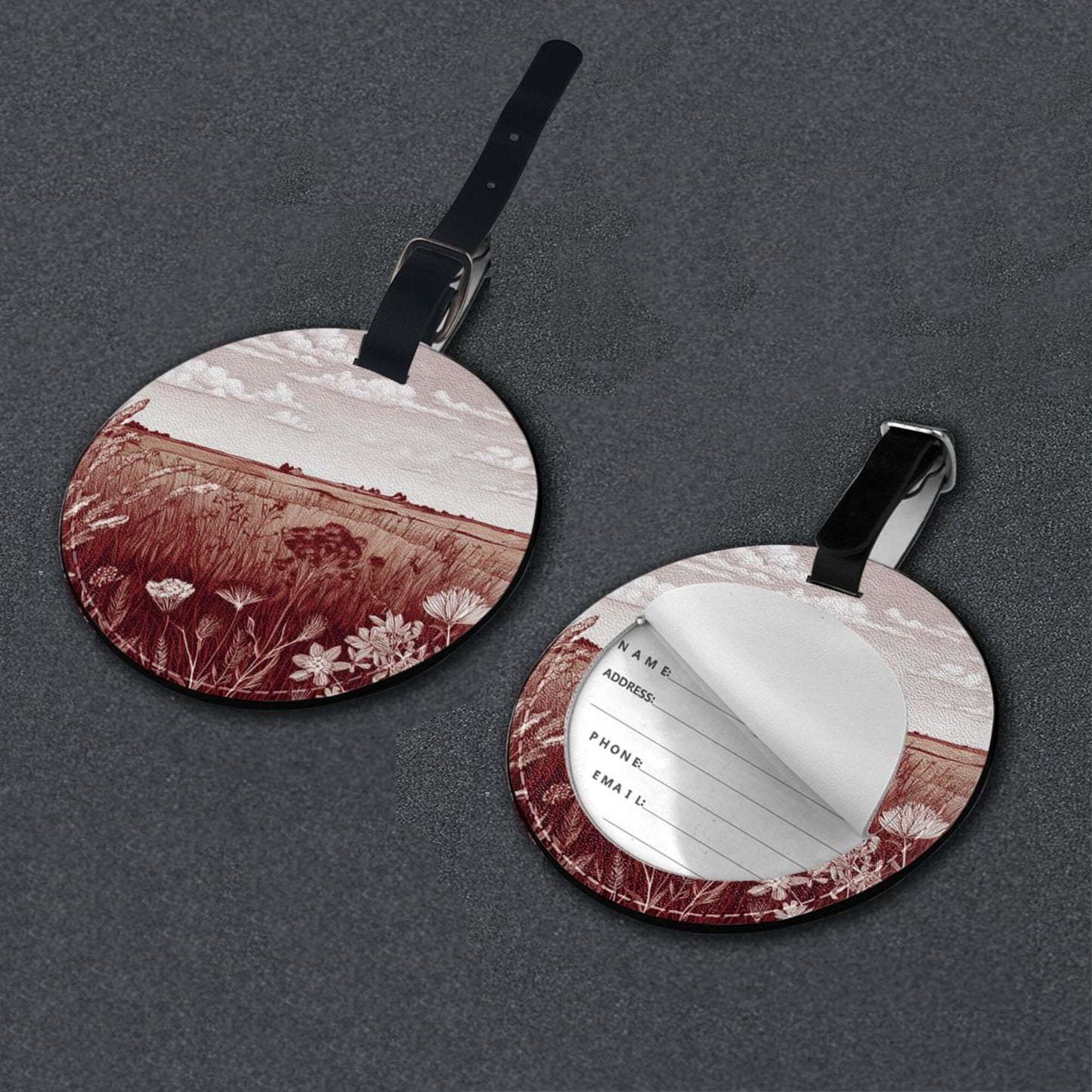 Round Leather Luggage Tag with Countryside Landscape Design – 3.7in/9.8cm Travel Identifier