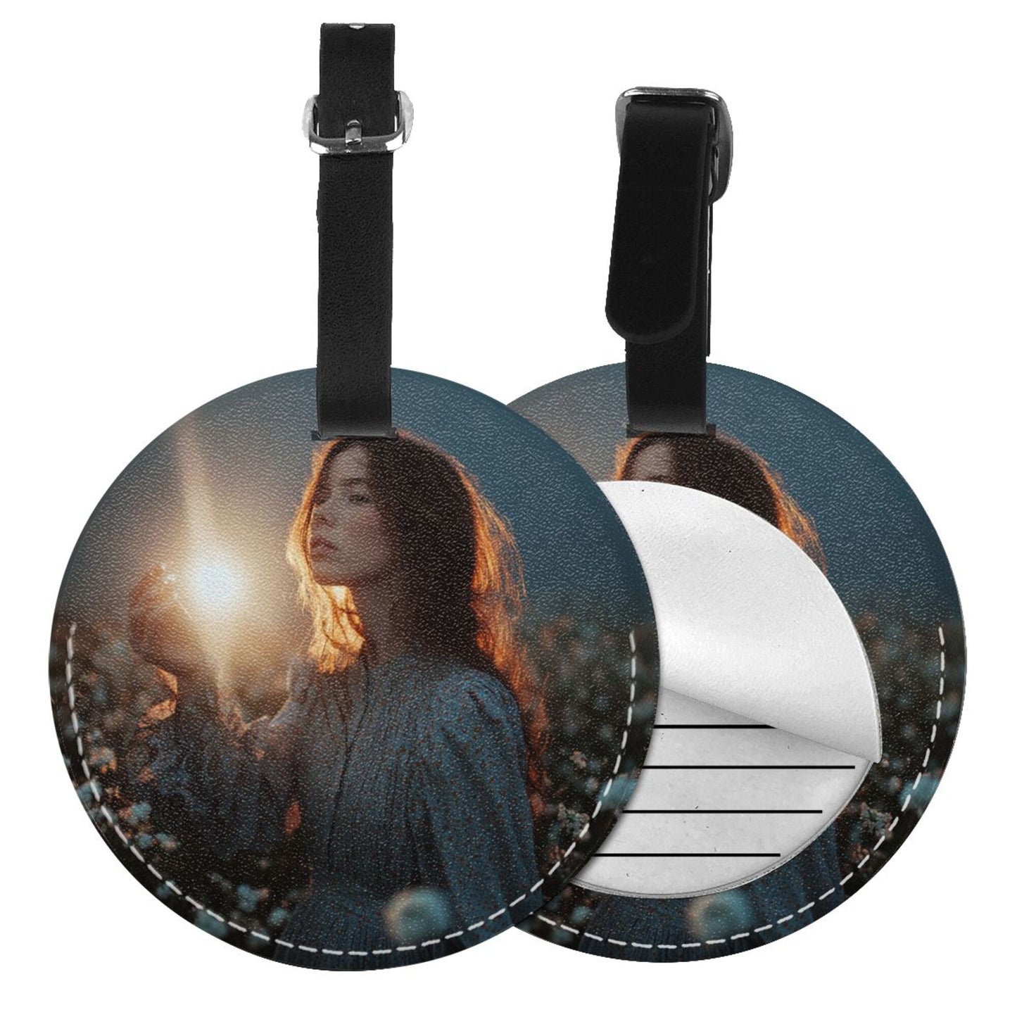 Round Leather Luggage Tag with Artistic Portrait Design – 3.7in/9.8cm Travel Identifier