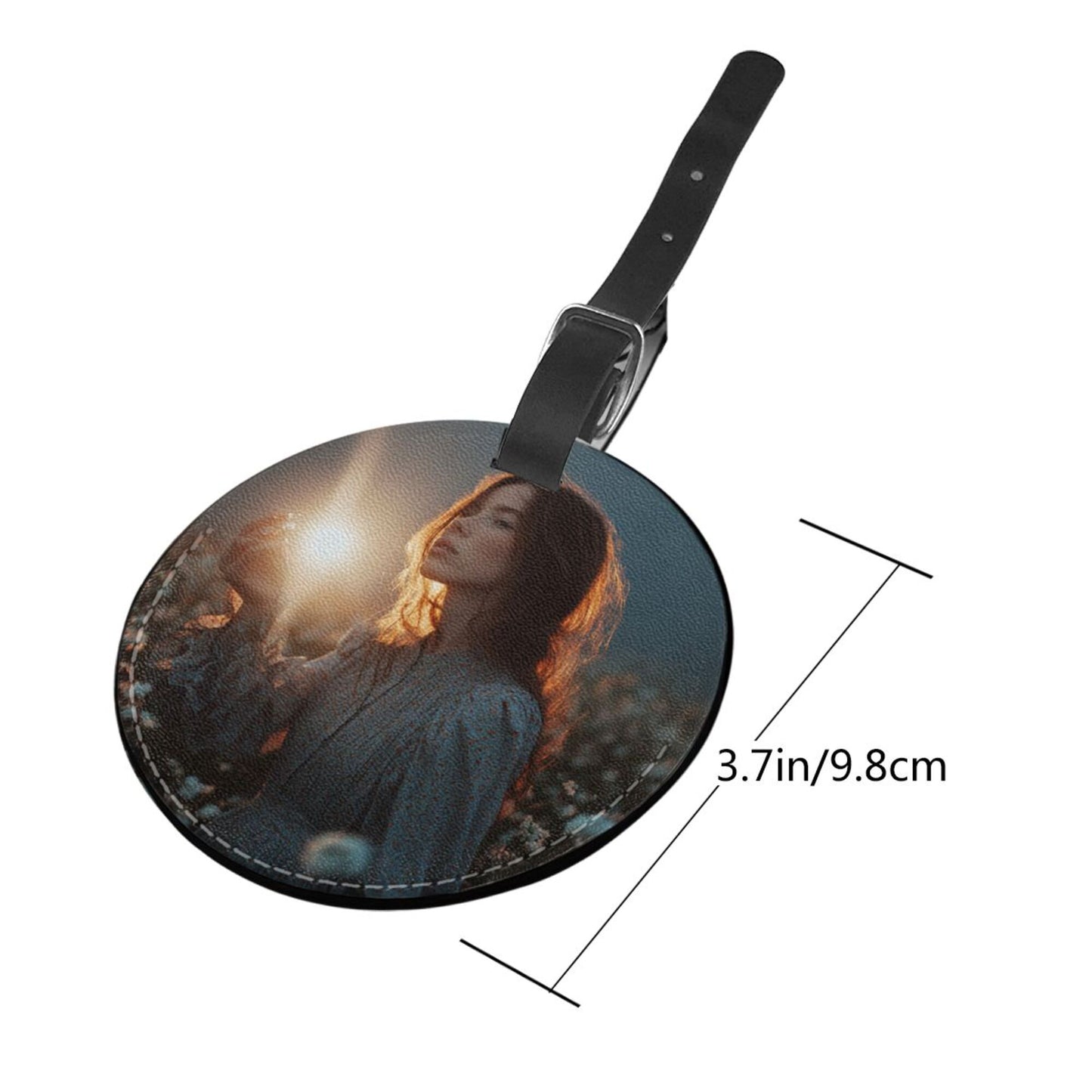Round Leather Luggage Tag with Artistic Portrait Design – 3.7in/9.8cm Travel Identifier