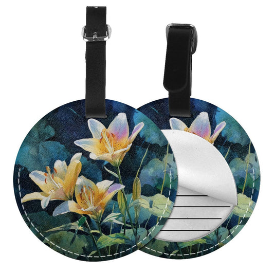 Round Leather Luggage Tag with Lily Flower Art Design – 3.7in/9.8cm Travel Identifier
