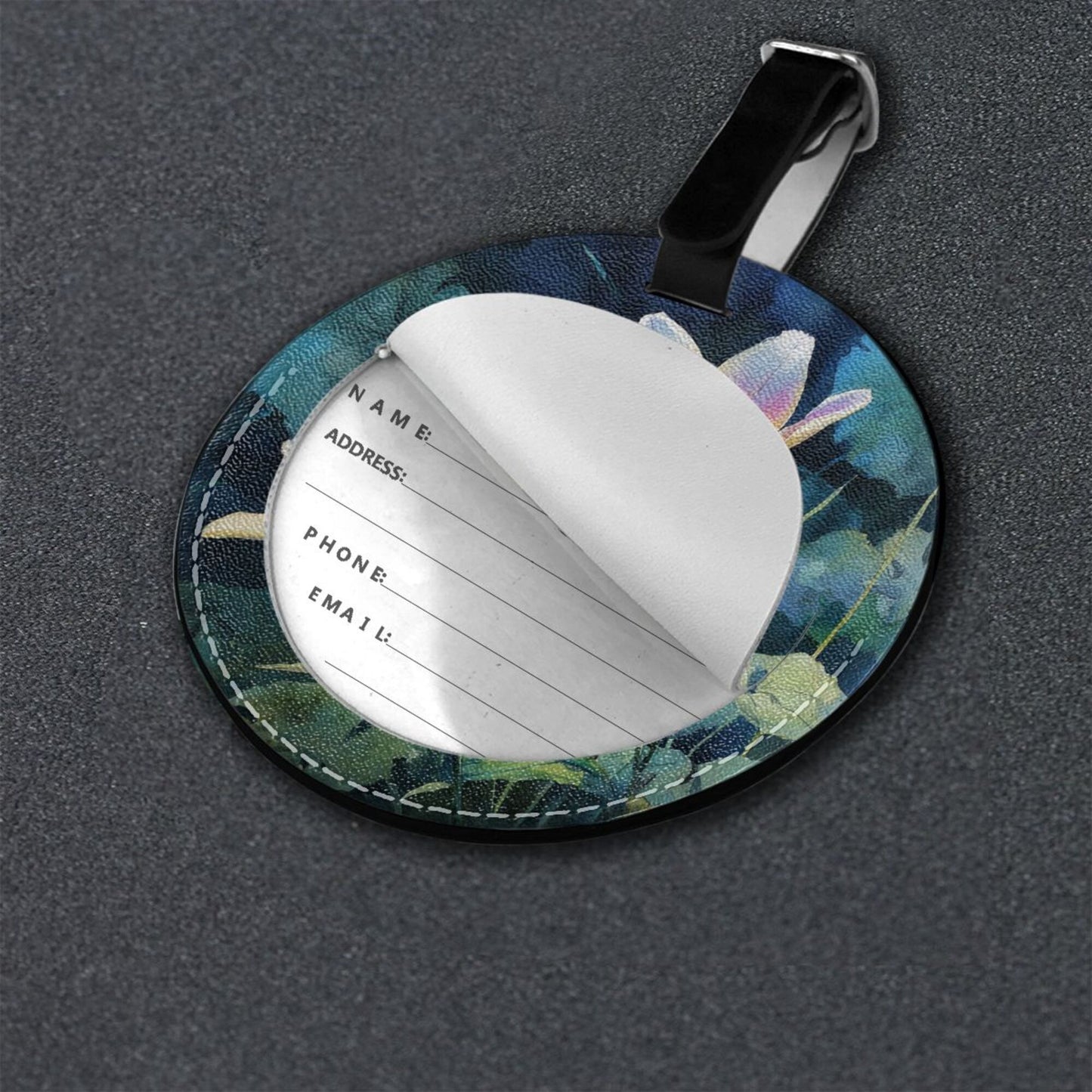Round Leather Luggage Tag with Lily Flower Art Design – 3.7in/9.8cm Travel Identifier