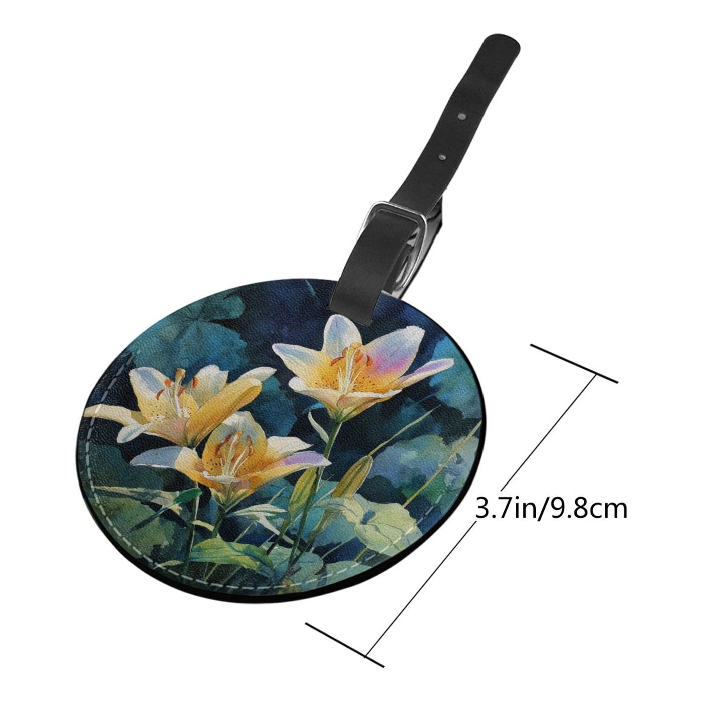 Round Leather Luggage Tag with Lily Flower Art Design – 3.7in/9.8cm Travel Identifier