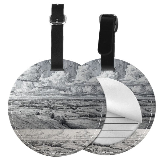 Round Leather Luggage Tag with Black & White Landscape Art Design – 3.7in/9.8cm Travel Identifier