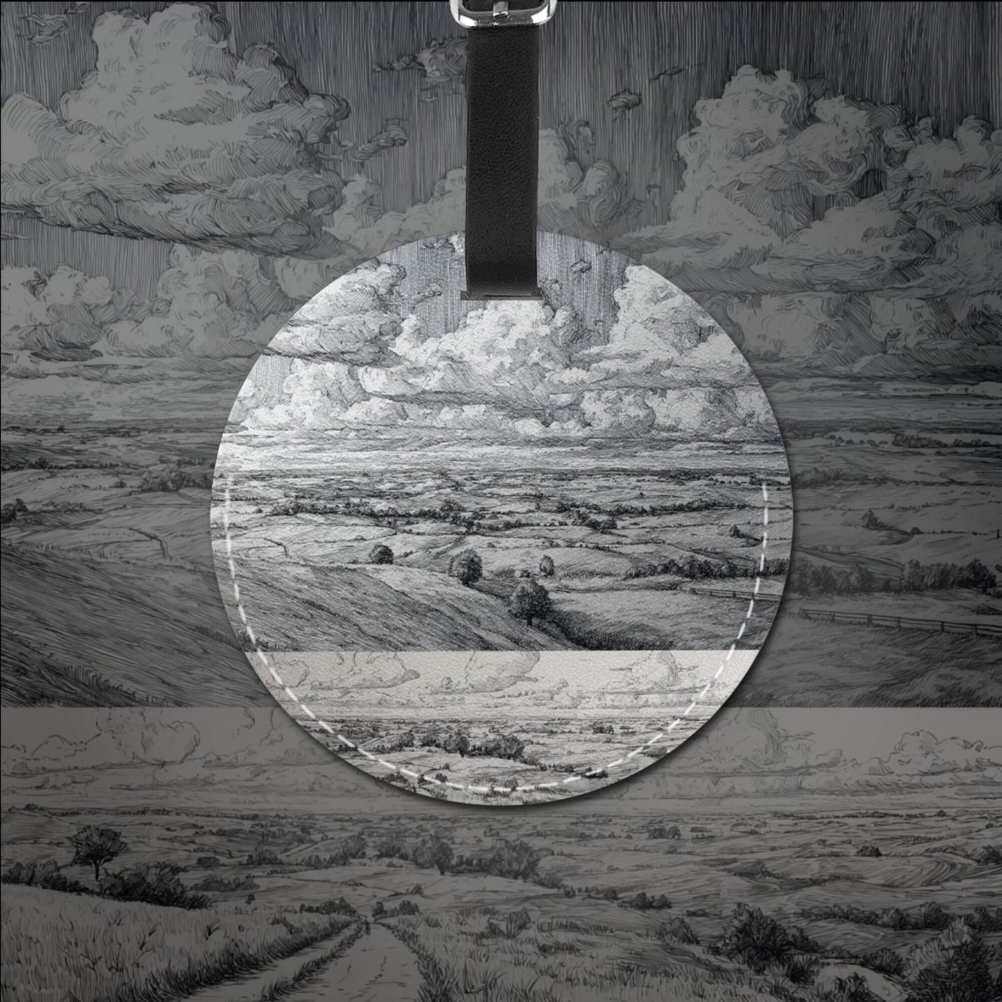 Round Leather Luggage Tag with Black & White Landscape Art Design – 3.7in/9.8cm Travel Identifier