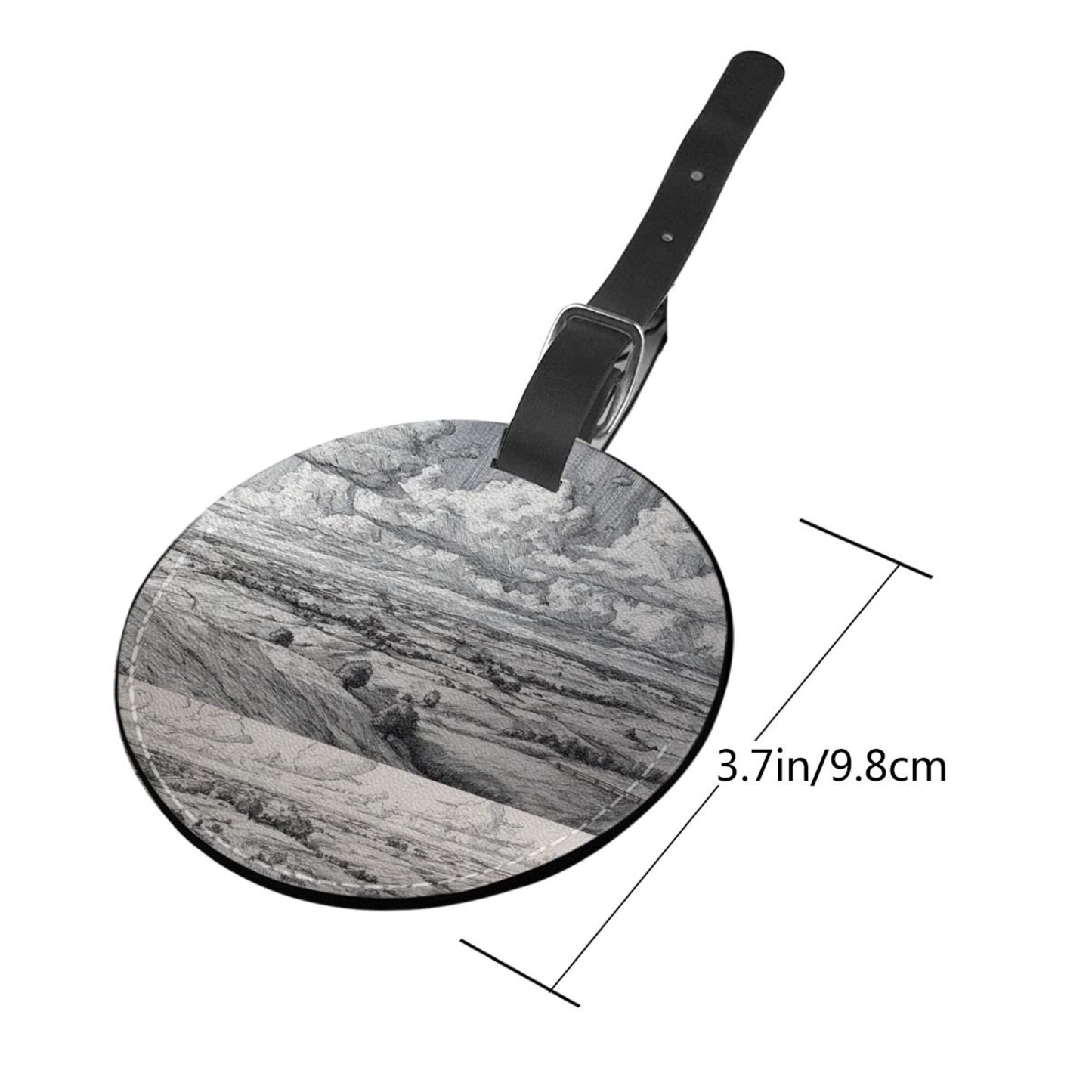 Round Leather Luggage Tag with Black & White Landscape Art Design – 3.7in/9.8cm Travel Identifier