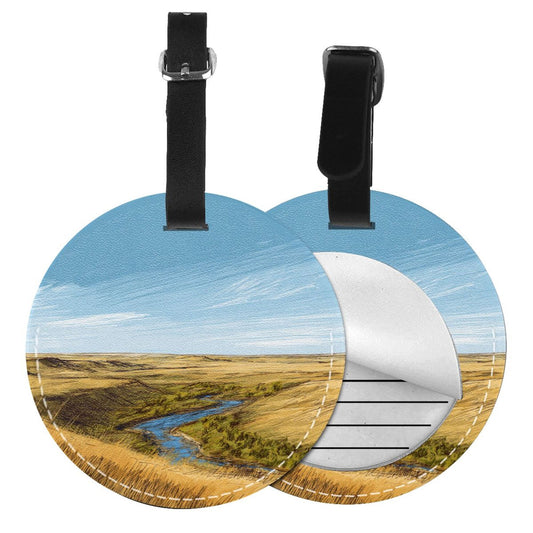 Round Leather Luggage Tag with Grassland & River Landscape Design – 3.7in/9.8cm Travel Identifier