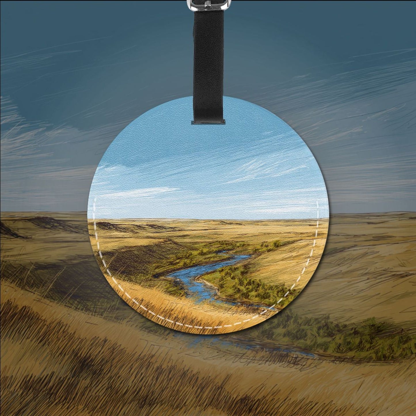 Round Leather Luggage Tag with Grassland & River Landscape Design – 3.7in/9.8cm Travel Identifier