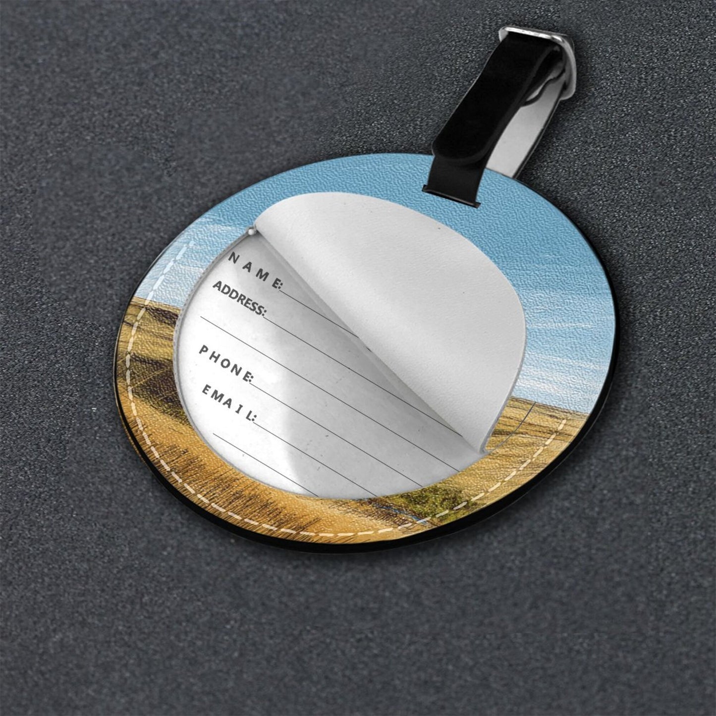 Round Leather Luggage Tag with Grassland & River Landscape Design – 3.7in/9.8cm Travel Identifier