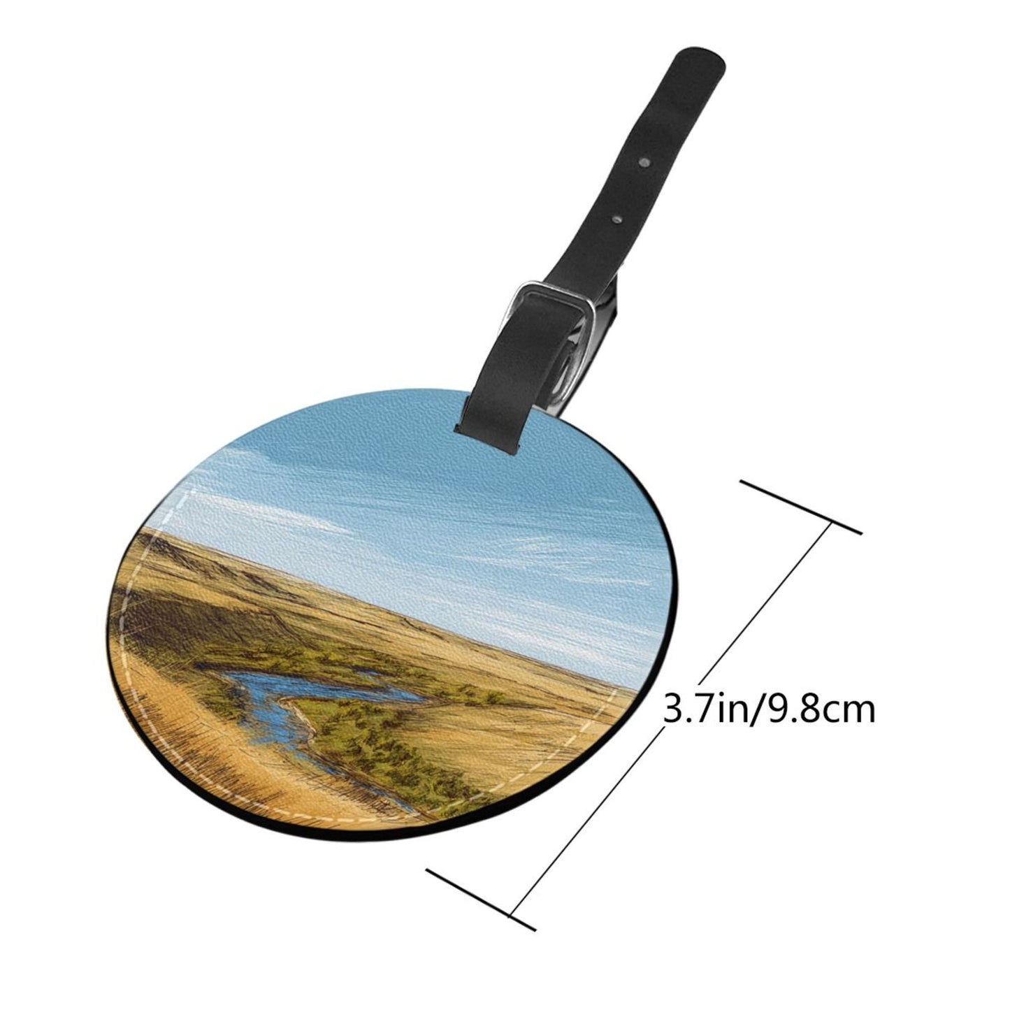 Round Leather Luggage Tag with Grassland & River Landscape Design – 3.7in/9.8cm Travel Identifier