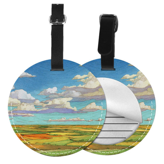 Round Leather Luggage Tag with Colorful Countryside Landscape Design – 3.7in/9.8cm Travel Identifier