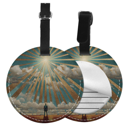 Round Leather Luggage Tag with Artistic Light & Figure Design – 3.7in/9.8cm Travel Identifier