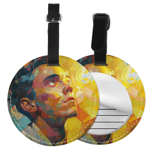Round Leather Luggage Tag with Colorful Geometric Portrait Art Design – 3.7in/9.8cm Travel Identifier