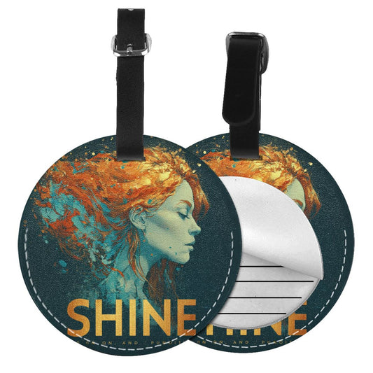 Round Leather Luggage Tag with Artistic Woman “SHINE” Design – 3.7in/9.8cm Travel Identifier
