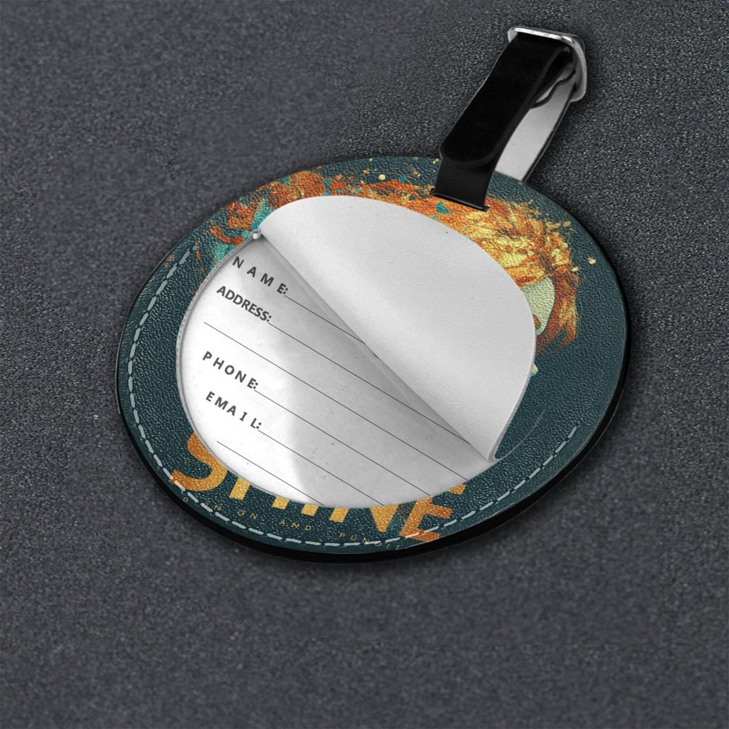 Round Leather Luggage Tag with Artistic Woman “SHINE” Design – 3.7in/9.8cm Travel Identifier