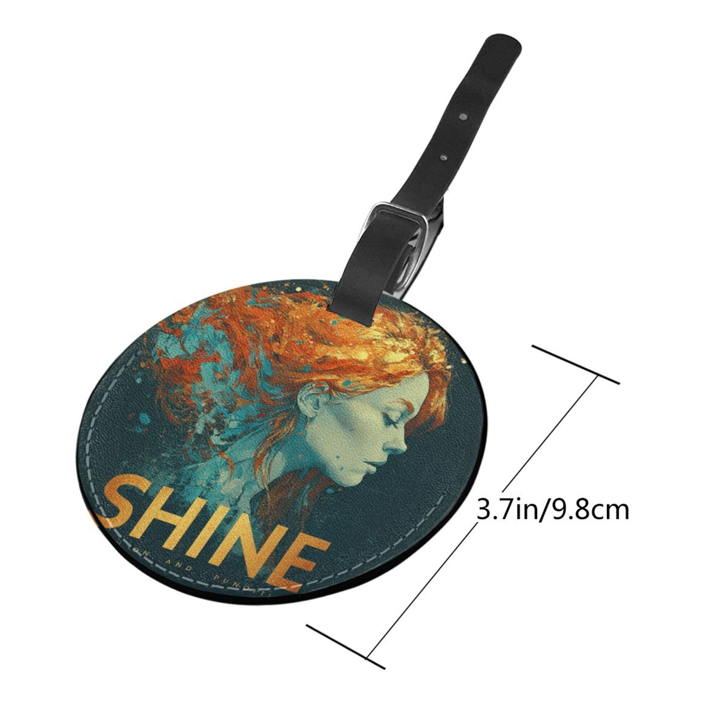 Round Leather Luggage Tag with Artistic Woman “SHINE” Design – 3.7in/9.8cm Travel Identifier