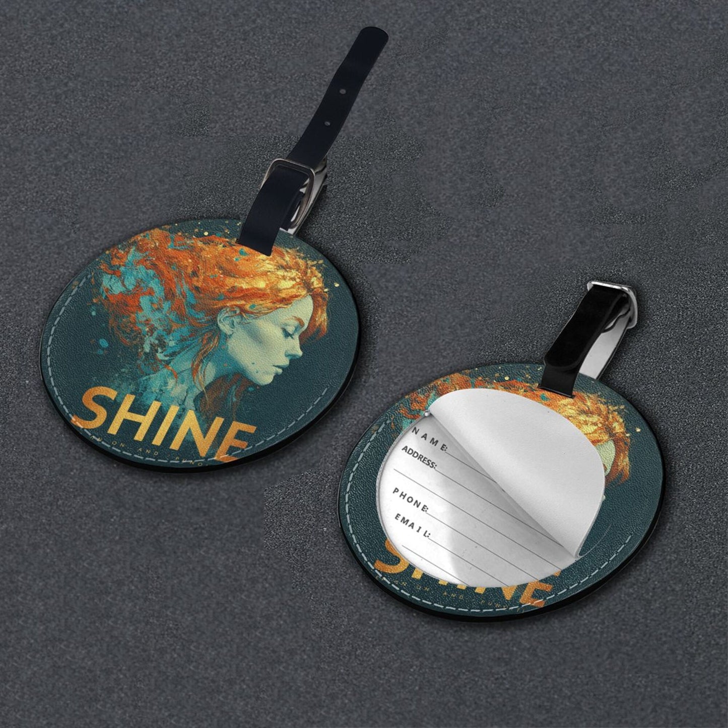 Round Leather Luggage Tag with Artistic Woman “SHINE” Design – 3.7in/9.8cm Travel Identifier