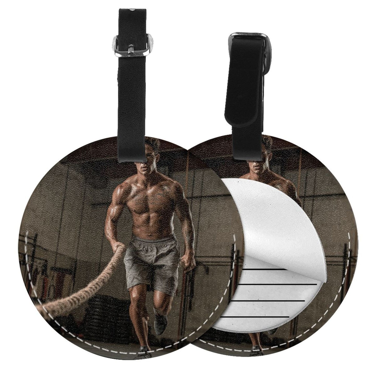 Round Leather Luggage Tag with Fitness Athlete Design – 3.7in/9.8cm Travel Identifier