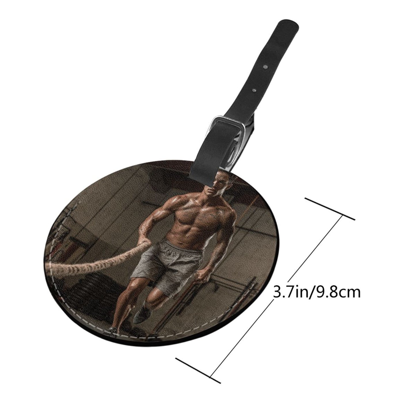 Round Leather Luggage Tag with Fitness Athlete Design – 3.7in/9.8cm Travel Identifier