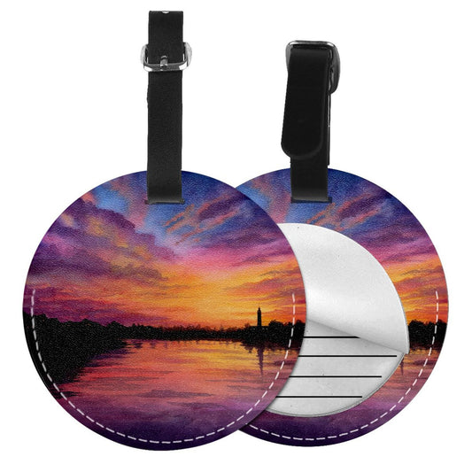 Round Leather Luggage Tag with Sunset Landscape Art Design – 3.7in/9.8cm Travel Identifier